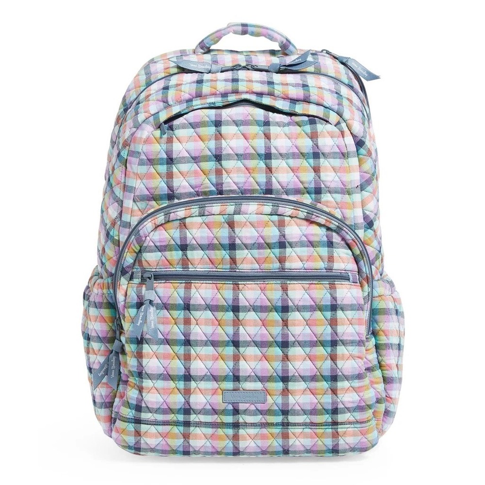 Vera Bradley Quilted Cotton Backpack Pastel Plaid Multi Color Zip School Travel
